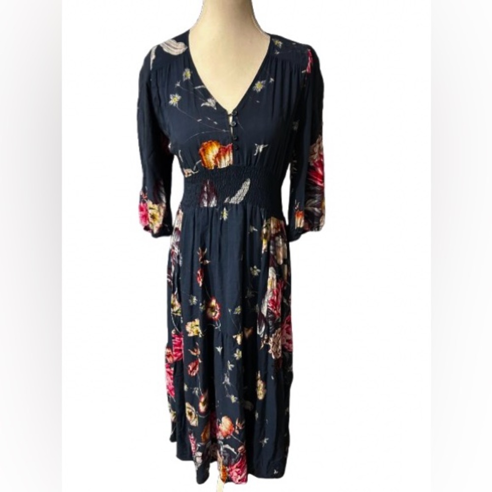JAASE Blue Floral Dress Peasant Maxi Midi Boho Pink Designer Buttons Vintage